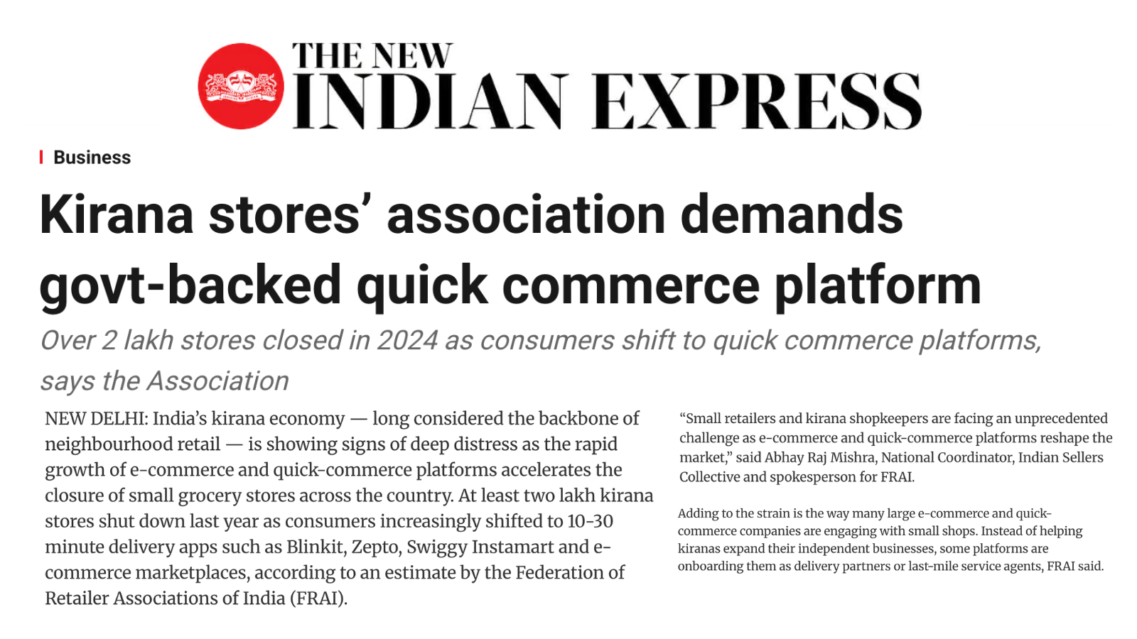 The New Indian Express — Kirana stores' association demands govt-backed quick commerce platform